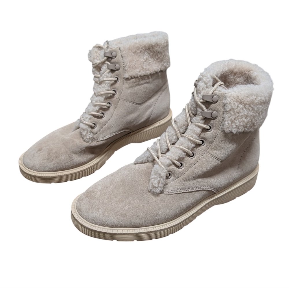 VINCE Women's Hayes Suede Shearling Lined Lace Up Beige Hiking Booties (Size 7M)